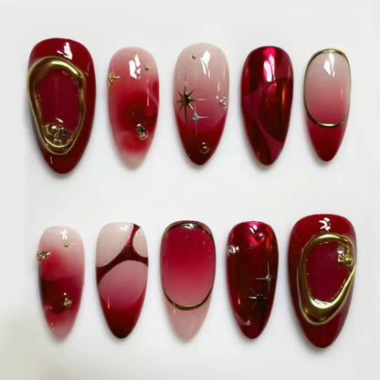 24Pcs Mid-length Almond Press on Fake Nails with Insect Flower Button Design Full Cover Nails Tips Reusable Finished False Nails