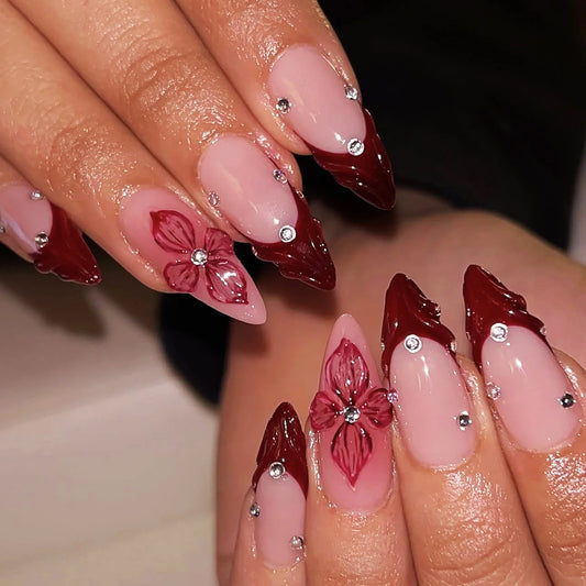 3D fake nails for women girls french style dark red nude almond shape embossed flowers with rhinestones press on false nail art
