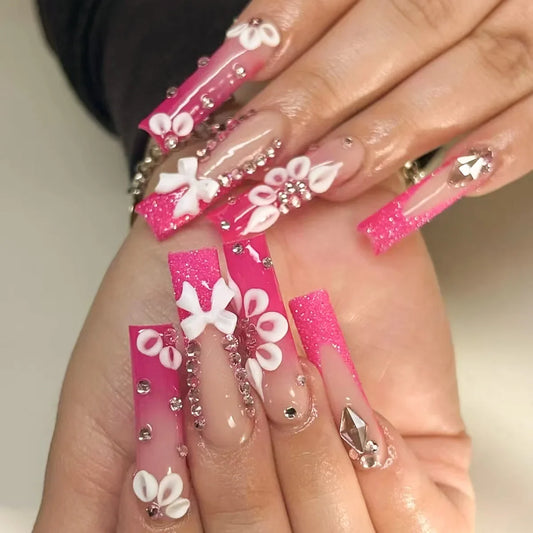 24Pcs Long False Nails Press on Nails Full Cover Butterfly French Coffin Glitter Small Diamonds Wearable Manicure Nail Tips Art