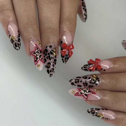 24pcs Y2k Leopard Printed Press on Nails with 3D Red Bow Decor Fake Nails Wearable Sweet Cool European French Almond False Nails