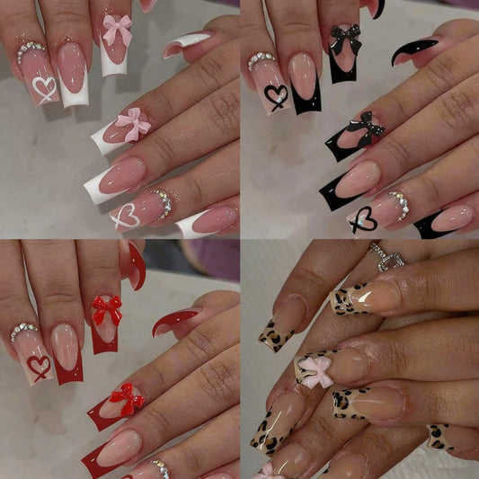 96PCS Medium Coffin Fake Nails With 3d Bow Pendant Design, Heart-Shaped Acrylic Nails, Rhinestones, Fully Covered Women'S Nail