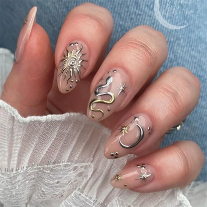 24pcs Almond Fake Nails Art Sweet Star Pattern Rhinestone Design Full Cover Nail Tips False Nail Black Pink Press on Nails Sets