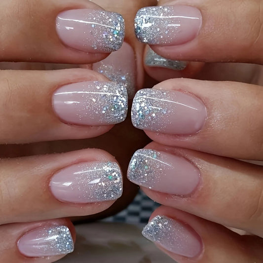 24PCS Flesh-Colored Nail Plate Silver Head Square Short Imitation Nail French Fake Nails &1pc Jelly Paste &1pc File for Wedding