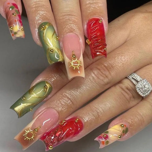 24pcs Rhinestone French Stick on Nail Colorful Smudge Pattern Square Press on Fake Nails Tips Starlight Long Coffin False Nails
