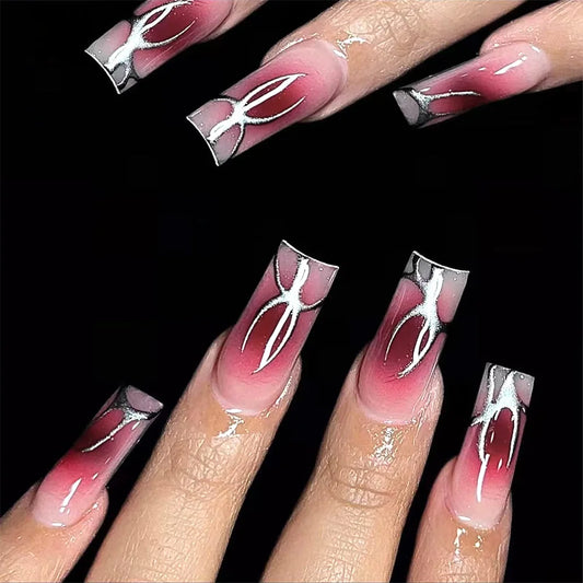 24pcs Red French Fake Nail Halloween Mid-length Square Nails Set Press on Spider Rhinestone Design False Nails Reusable Manicure