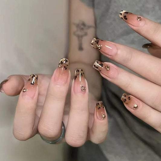 24Pcs Cat’s Eye Leopard Print Press on Fake Nails Mid-length Ballet False Nails with Rhinestone Detachable Full Cover Nail Tip