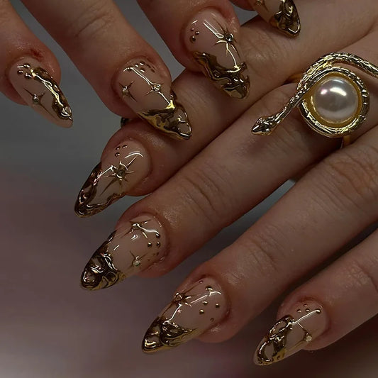 24Pcs Simple French Fake Nails with Almond Head Design Detachable 3D Irregular Star Pattern Press on False Nails Manicure Tools