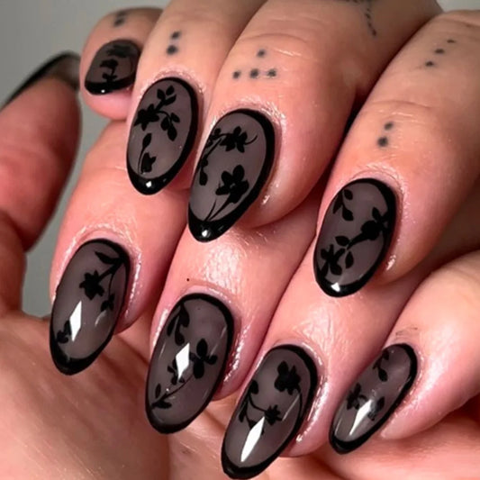 24Pcs Mid-length Almond False Nails Simple Black Flower Design Press on Fake Nails Art Reusable Artificial Full Cover Nails Tips