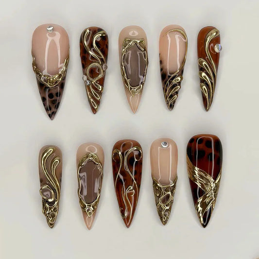 24Pcs Brown Gradient French Fake Nail Gilded Design Rhinestone Press on False Nails Long Stiletto Wearable Full Cover Nails Tips