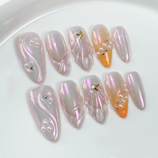 10Pcs 3D Starburst Pearl Fake Nails Press on Mid-length Almond Handmade False Nails Orange Gradient French Wearable Manicure Tip