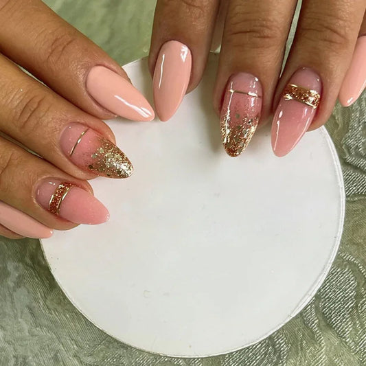 Medium fake nails for women gilr Nude pink almond nail tips with sparkling glitters french strips full cover press on false nail