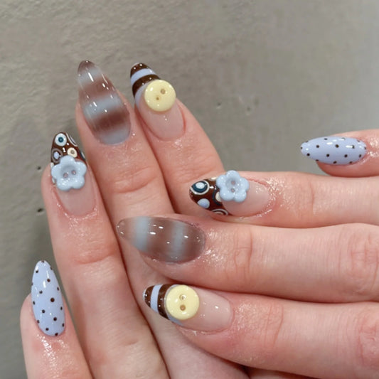 24pcs Smudging Blue Brown Fake Nails 3D Button Flower Polka Dot Designs Press On Nails Creative French Style Almond False Nail