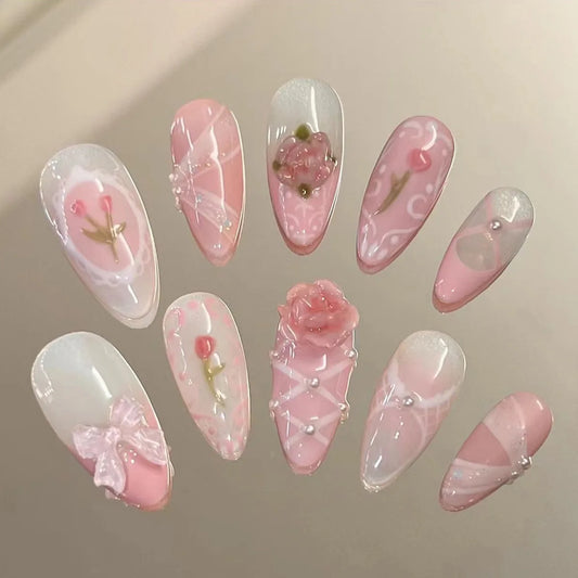24pcs French Cute Fake Nail Sweet Pink 3D Flowers Bowknot Design Almond False Nail Patch Korean Style Press on Nails for Girls