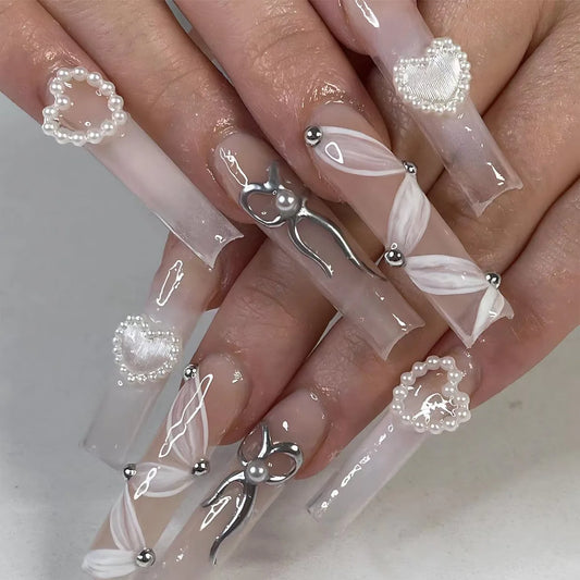 24Pcs Blue Long False Nails Butterfly Ballet French Cartoon  Wearable Fake Nails Full Cover Design Press on Nails Tips Art