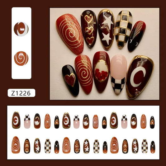24PCS Black Moon Star Fake Nails with Brown Plaid Golden Whirl Heart Almond Press on Nails Sweet Cool French for Women Removable