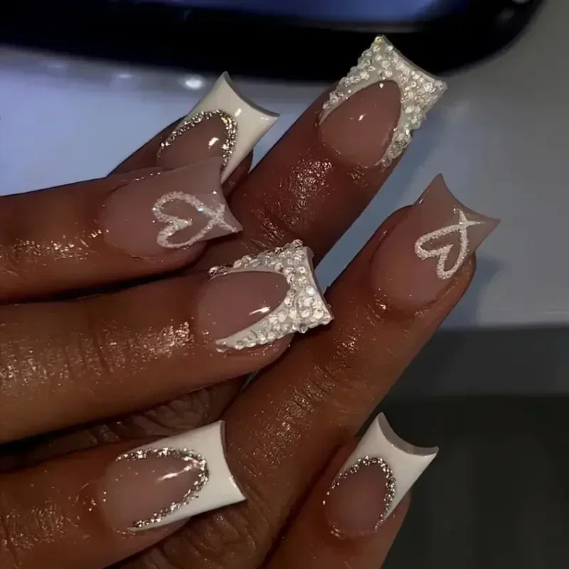 24Pcs Nude White French Fake Nail Short Square Nail Tips Fashion Wearable False Nails with Glue Simple Full Cover Press on Nails