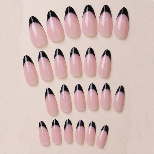 96PCS Black And Pink French Pointed Nail Short Almond Nail Press, With Butterfly Bow Design For Women'S Nails, Acrylic Fake Nail