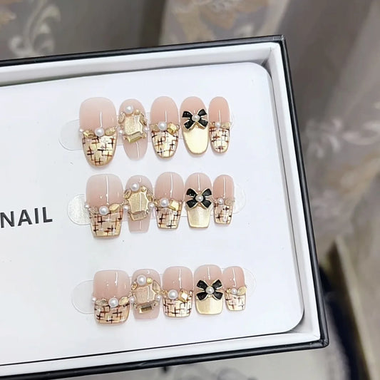 10pcs high-end French caramel cat's eye high-end sparkling bow handmade fake nails, This is a retro and elegant style for a rich