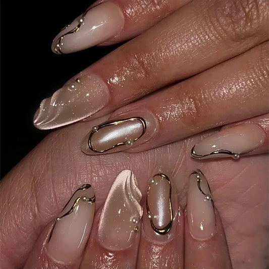 24pcs Nude Color False Nails Pearl Rhinestone Design Cat's Eye Long Almond Press on Nails Tips Wearable Simple Lines Fake Nail