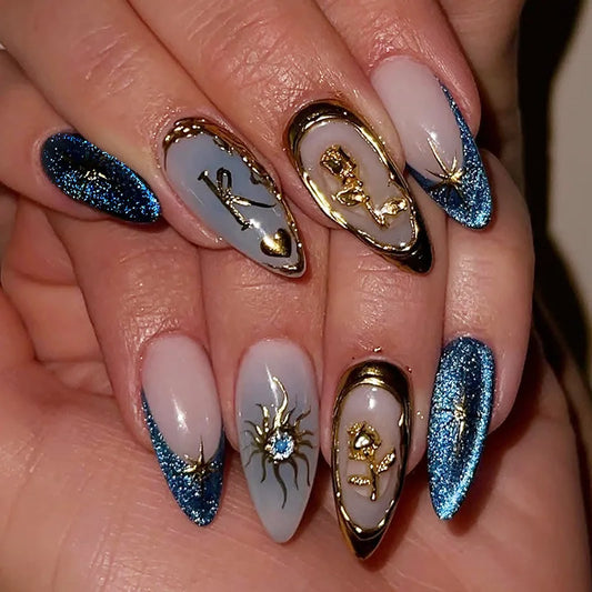 24Pcs Mid-length Almond False Nails with Blue Cat's Eye French Press on Nails Gilded Design Reusable Full Cover Fake Nails Tips