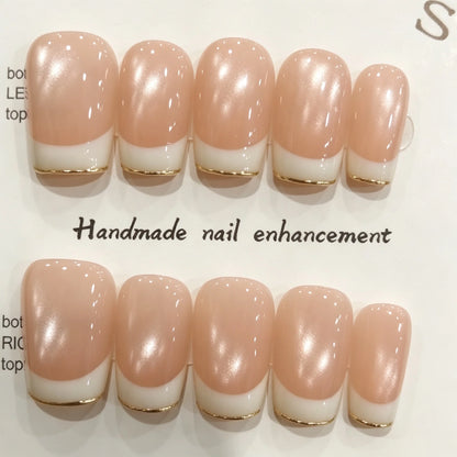 10pcs Handmade Press on Nail Art Classic French Almond Cat-Eye Nude Full-Coverage Nail Tips Detachable Wearable Nail for Women