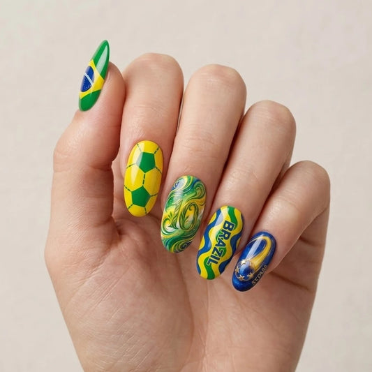 2026 Football Fan Press On Nails For World Cup Nail Soccer Match False Nails Short Almond 24Pcs Nail Art For Women Fans