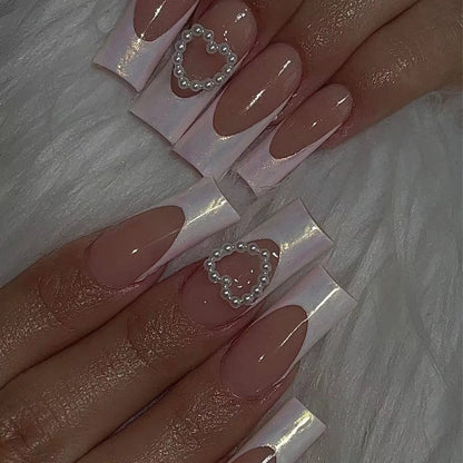 24pcs Aurora Fake Nails Art French White Long Almond False Nail Tips Reusable Simple Sweet Love Pearl Design Press on Nails Sets