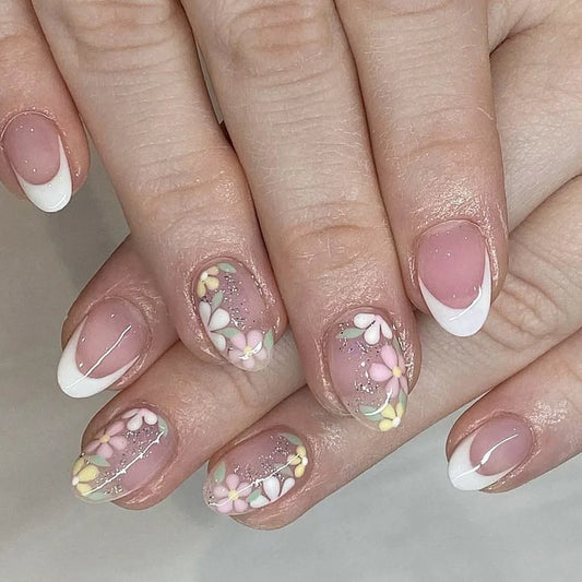 24Pcs Short Colorful Flower Design False Nails Art Round Head Reusable Fake Nails Press on Simple Finished Full Cover Nails Tips