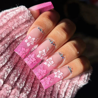 24Pcs Long Square Head French Fake Nail Tips 3D Love Heart Design Press on Nails with Rhinestone Pattern Wearable False Nail Art
