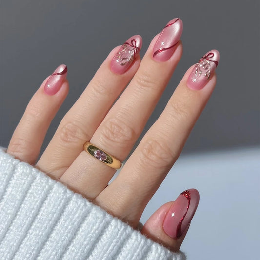 24pcs Almond False Nails Pearl Design Pink Gradient Press on Nails Set French Tips Fake Nail Tips Finished Blush Gilded Manicure