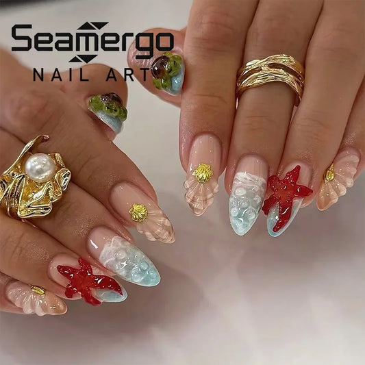 24PCS Summer Blue Ocean Gradient French Press on False Nails with 3D Red Flowers Shell Almond Fake Nails Seastar Beach Nail Tips