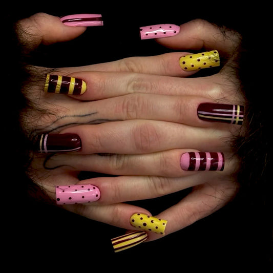 24pcs Medium Coffin False Nails Pink Yellow Polka Dot Stripes Designs Square Press On Nails Women Girl Summer Dopamine Fake Nail