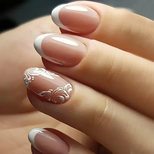 24pcs Short Oval French Fake Nails Flower Designs Press on Nails Almond Detachable Glossy Fake Nails Tips Full Cover Nail Tips