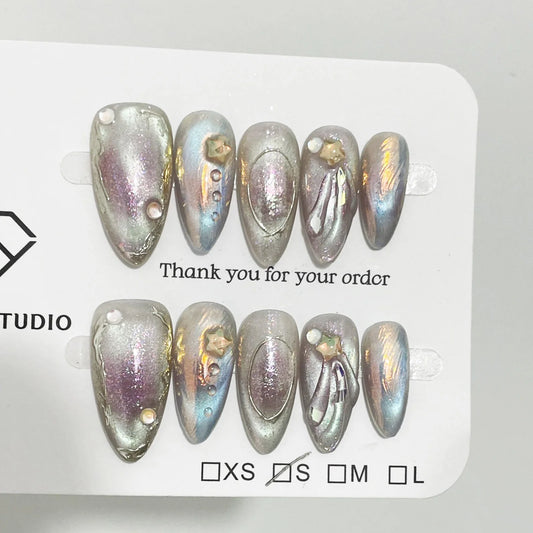 10pcs Handmade Aurora Almond False Nails Fantasy Mermaid Cat's Eye Press On Nails Full Cover Summer Detachable Fake Nail Tips