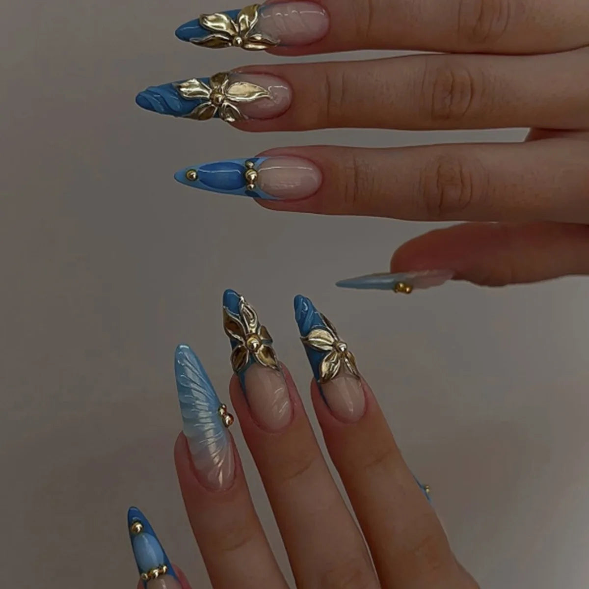 24PCS Stiletto Shape Fake Nails Artistic Color Block Floral Press on Nails Rainbow Dopamine Design European Luxury False Nails
