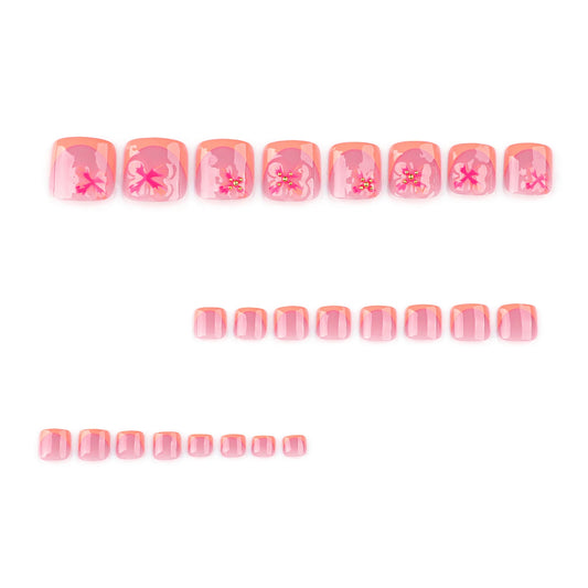 24pcs Charming Flower Pattern Press On Nails For Foot Vitality Orange French Style False Toenails Pink Short Square Fake Toenail