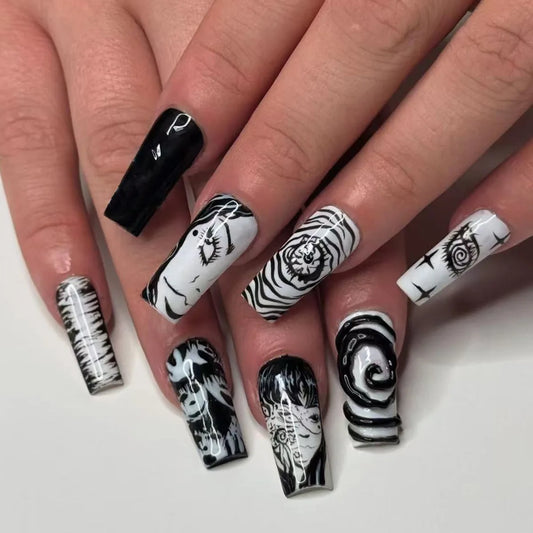 24pcs Japanese Comic Style Fake Nail Tips Black White Print Long Coffin Press on Nails Wearable Reusable Gothic Punk False Nails