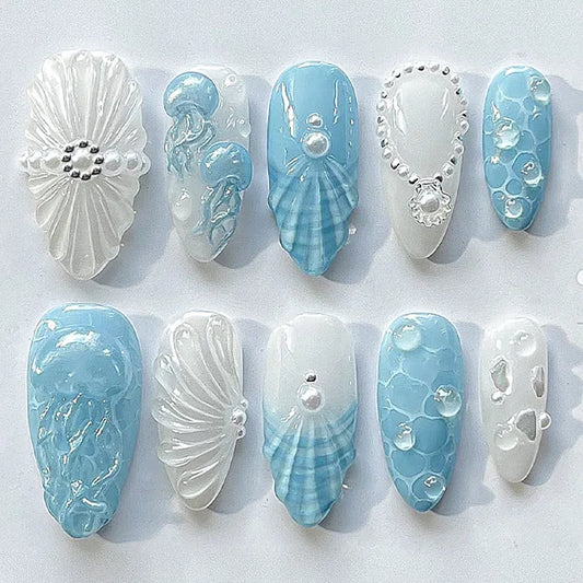 24Pcs Summer Ocean Style Press on Nails with Pearl 3D Blue French Fake Nail Mid-length Almond Wearable False Nail Tips Jellyfish