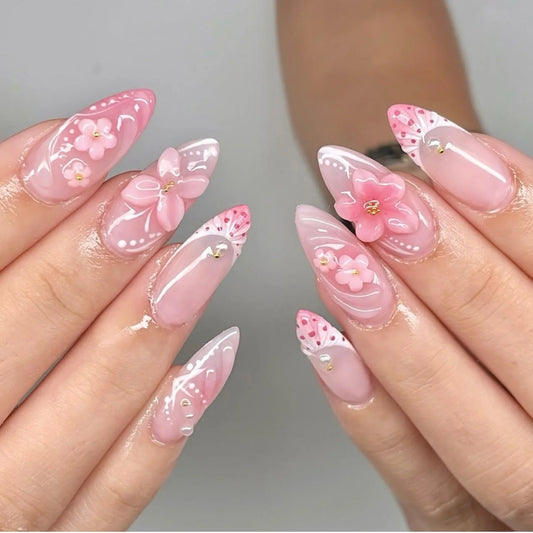 24pcs Cat's Eye Flower Press on Nails Tips Fantasy Pink Gradient Shiny Powder Full Cover Nail Long Almond False Nails Fake Nail