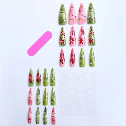 24PCS Stiletto Shape Fake Nails Artistic Color Block Floral Press on Nails Rainbow Dopamine Design European Luxury False Nails