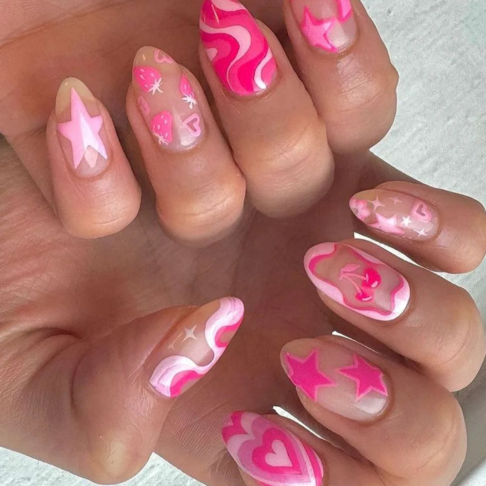 24Pcs Strawberry Star Heart False Nails Pink Stripe Design Full Cover Nails Tips Short Round Head Detachable Press on Fake Nails
