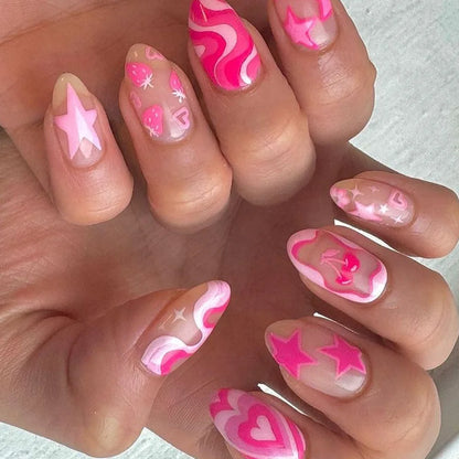 24Pcs Strawberry Star Heart False Nails Pink Stripe Design Full Cover Nails Tips Short Round Head Detachable Press on Fake Nails