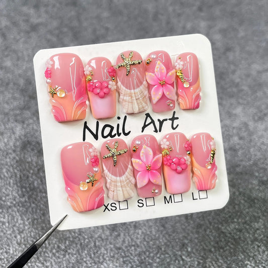 10Pcs Mid-length Square Pink False Nail Dreamy Gradient Ocean-style Nail Art Sweet 3D Flowers Hot Girl Wearable Manicure Fashion