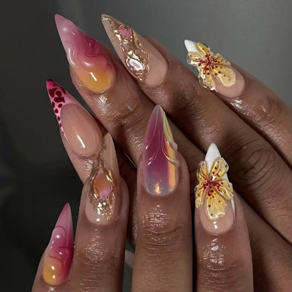 24Pcs Mid-length Almond Press on Fake Nails with Insect Flower Button Design Full Cover Nails Tips Reusable Finished False Nails