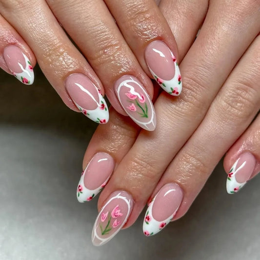 24Pcs Mid-length Almond Press on Fake Nails with White French Bow Flower False Nails Art Reusable Finished Full Cover Nails Tips
