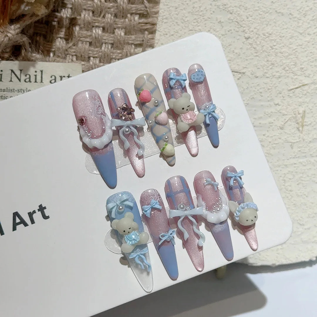 10pcs Pudding Little Bear Press On Nails Handmade Cute Blue French Style Bowknots Sweet Fake Nails Pink Cat's Eye  False Nail