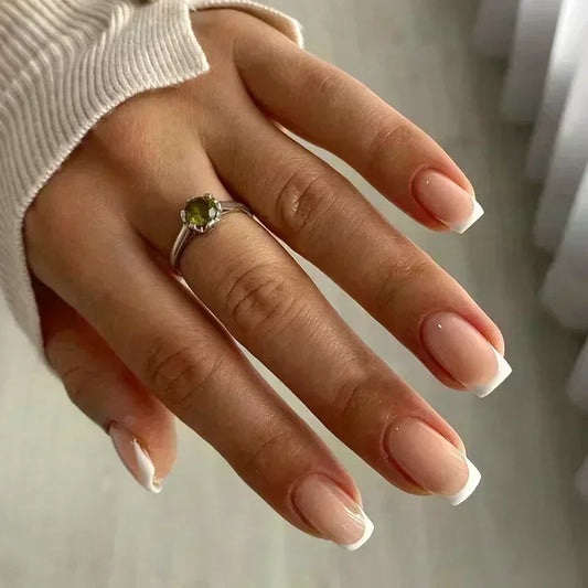 24Pcs French Tip Handmade Press On Nails Minimalist Solid Color Fake Nails Medium Square Full Cover Press On Nail Tips With Glue