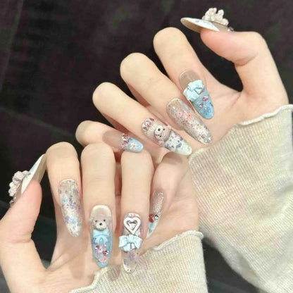 10pcs Light Blue Fragments Floral Press On Nails Handmade 3D Cute Bear Bows Heart Decor False Nail Sweet French Style Fake Nail