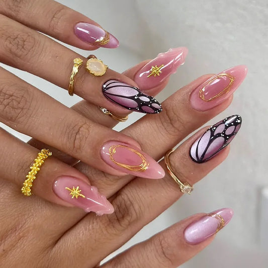 24Pcs Mid-length Almond Fake Nails French 3D Flower Gilded Design Press on False Nails Rhinestone Wearable Full Cover Nails Tips