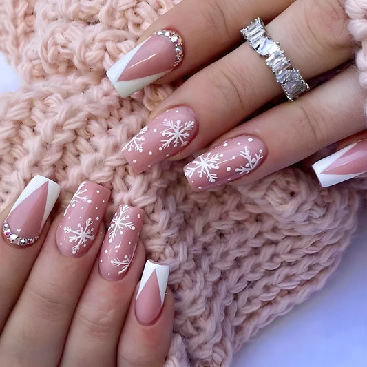 24Pcs Christmas Day Press on Nails Snowflake Cherry Red White Stripe Fake Nail Simple Wearable Mid-length Coffin Nails for Women